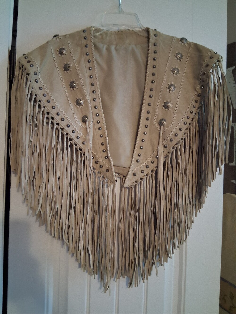 Fringed Suede Shawl with Metal Stud Detail - Beige